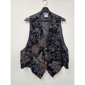 Vintage Laura Tyler Vest Womens Black Floral Metallic Velvet Open Front Dressy